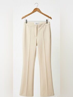 PAIRE LA Cream Beige Italian Stretch Scuba Pintuck Flare Trousers Size 2